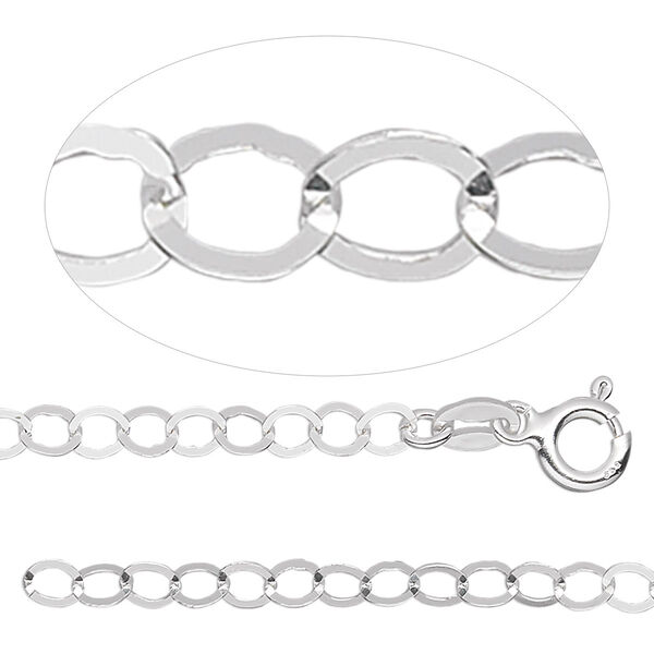 Chain, sterling silver, 3.7mm bright flat round cable, 16 inches with springring clasp. Sold individually. image number 0