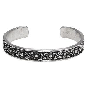 Bracelet, cuff, antiqued aluminum, 11mm wide with flower design, 7-8 inches. Sold individually.