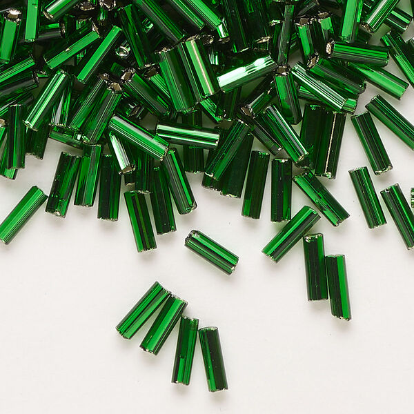 Bead, Preciosa Ornela Czech glass, bugle bead, pkg/500g, 1/4 inch, silver-lined transparent medium green, (57060). image number 0