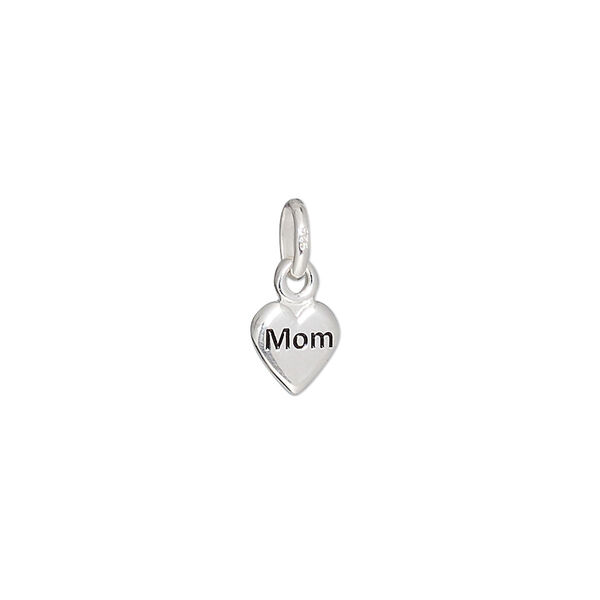 Charm, sterling silver and enamel, 7mm heart with "Mom." Sold individually. image number 0
