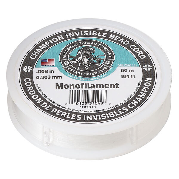 Cord, Gudebrod, nylon monofilament, clear, 0.008-inch, 6-pound test. Sold per 50-meter spool. image number 0
