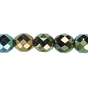 Bead, Czech fire-polished glass, opaque iris green, 10mm faceted round. Sold per 15-1/2" to 16" strand.