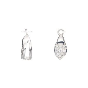 Bail, ice-pick, sterling silver and cubic zirconia, clear, 12x6mm teardrop with 7.5mm grip length. Sold individually.