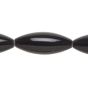 Bead, glass, opaque black, 29x11mm-30x12mm oval. Sold per 14-inch strand, approximately 10 beads.