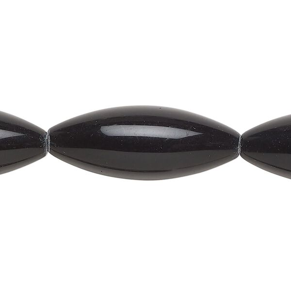 Bead, glass, opaque black, 29x11mm-30x12mm oval. Sold per 14-inch strand, approximately 10 beads. image number 0
