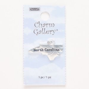 Charm, steel and enamel, pkg/1, silver finish and black, 30x14mm with "North Carolina."