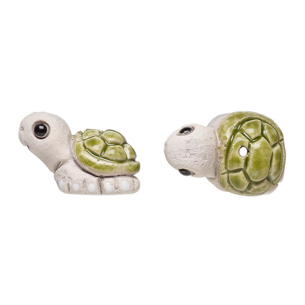 Bead, glazed ceramic, multicolored, 19x12mm hand-painted turtle. Sold per pkg of 2. image number 0