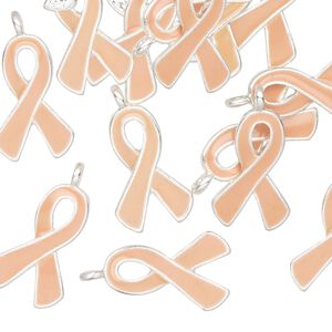 Charm, silver-finished enamel "pewter" (zinc-based alloy), light peach, 17x11mm single-sided awareness ribbon. Sold per pkg of 12.