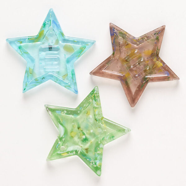 Random focal mix, pressed glass, pkg/3, translucent mixed colors with silver-colored foil and copper-colored glitter, 49x47-50x48mm top-drilled star. image number 0