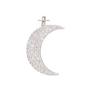 Pendant, cubic zirconia and rhodium-plated sterling silver, clear, 28x17mm single-sided moon. Sold individually.