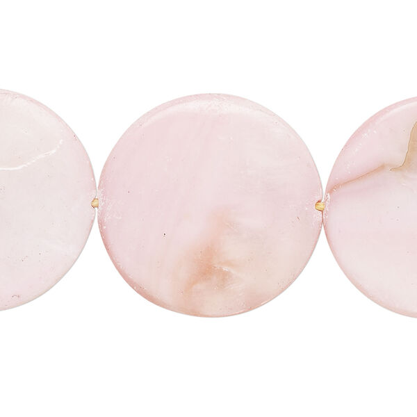Mother-of-pearl shell 1pkg1, puffed flat round bead 15 inch pale pink 25mm image number 0