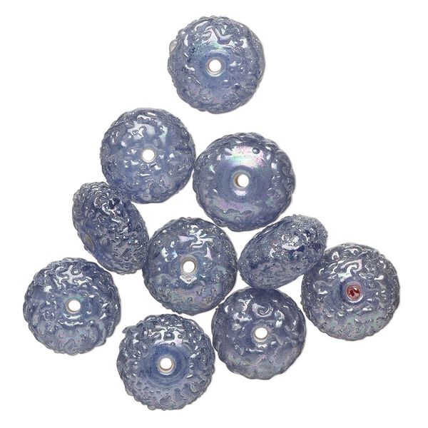 Bead, lampworked glass, translucent blue AB, 15x8mm textured rondelle. Sold per pkg of 10. image number 0