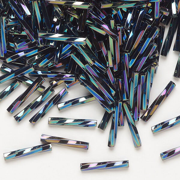 Bead, Miyuki, bugle bead, glass, pkg/250 g, 12x2mm center-drilled twisted, metallic iris opaque variegated blue (TW-455). image number 0