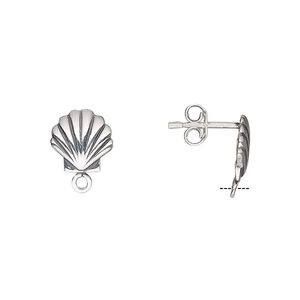 Earstud 1pkg2 sterling silver, 9.5x9mm shell / earnuts / closed loop, antiqued 1 pair