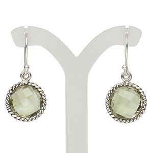 Earring, green quartz (heated) and antiqued sterling silver, 32mm with round and rope edge with fishhook ear wire, 21 gauge. Sold per pair.