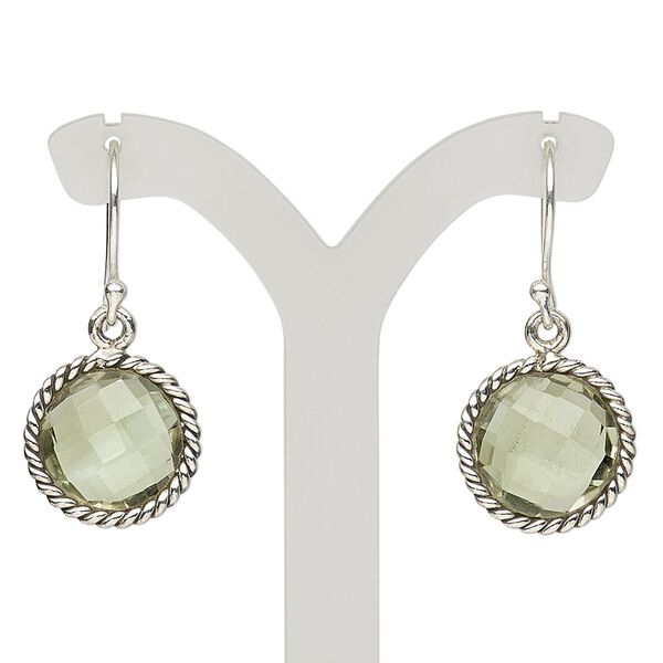 Earring, green quartz (heated) and antiqued sterling silver, 32mm with round and rope edge with fishhook ear wire, 21 gauge. Sold per pair. image number 0