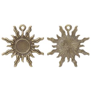Drop, glue-in, antique brass-finished "pewter" (zinc-based alloy), 27mm single-sided sun with 8mm round setting. Sold per pkg of 4.