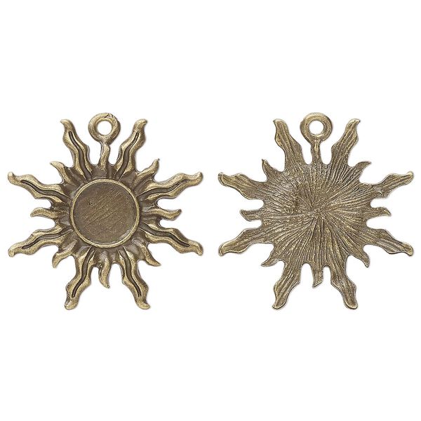 Drop, glue-in, antique brass-finished "pewter" (zinc-based alloy), 27mm single-sided sun with 8mm round setting. Sold per pkg of 4. image number 0