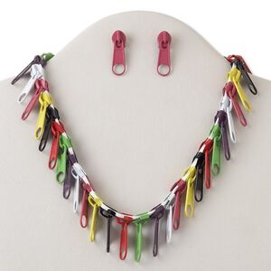 Necklace and earring set, gold-finished brass and steel / "pewter" (zinc-based alloy) / faux suede, multicolored, 31x10mm zipper pull, 18 inches with lobster claw clasp and 3-inch extender chain, 1-1/4 inch zipper pull earring with post. Sold per set.