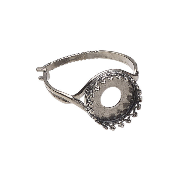 Ring, JBB Findings, antiqued sterling silver, 14mm wide with decorative trim and 12mm round bezel setting, adjustable from size 8-11. Sold individually. image number 0