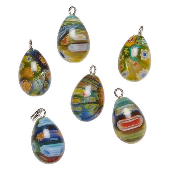 Drop mix, millefiori glass and silver-finished steel 1pkg6, translucent multicolored, 20x12mm-22x13mm teardrop. image number 0