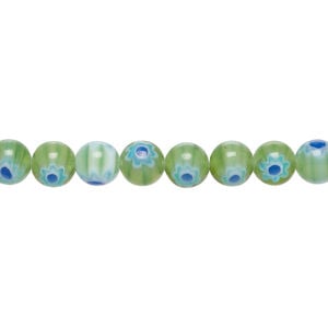 Bead, millefiori glass 1pkg1, translucent green / white / cobalt blue, 6mm round, 15 inches.