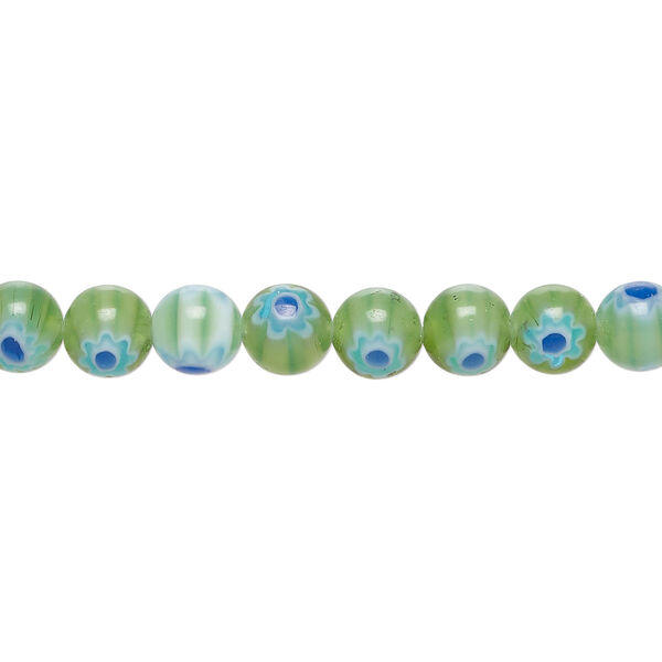 Bead, millefiori glass 1pkg1, translucent green / white / cobalt blue, 6mm round, 15 inches. image number 0