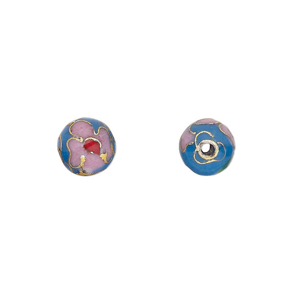 Bead, cloisonné, enamel and gold-finished copper, medium blue and multicolored, 8mm round with flower design. Sold per pkg of 10. image number 0