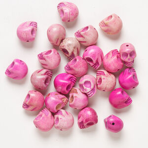 Bead mix, "howlite" (imitation) resin 1pkg25, opaque light pink / dark pink / bright pink, 17x14mm-18x15mm skull.
