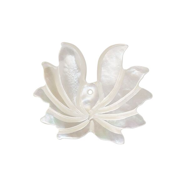 Drop, mother-of-pearl shell (natural), white, 29x25mm hand-carved lotus, Mohs hardness 3-1/2. Sold individually. image number 0