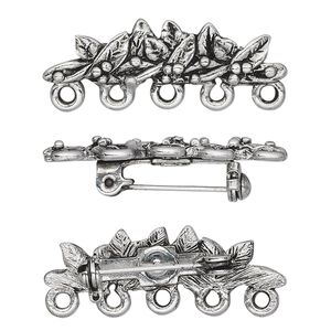 Brooch, antique silver-plated pewter (tin-based alloy), 33x8mm leaves with 5 loops. Sold individually.