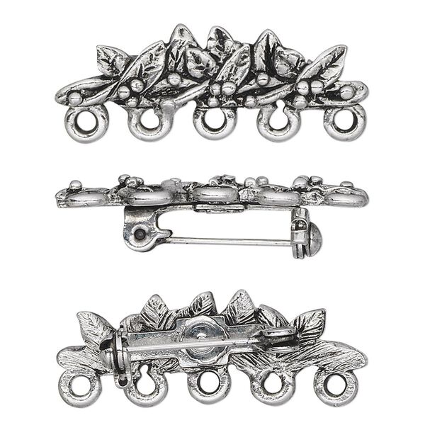 Brooch, antique silver-plated pewter (tin-based alloy), 33x8mm leaves with 5 loops. Sold individually. image number 0