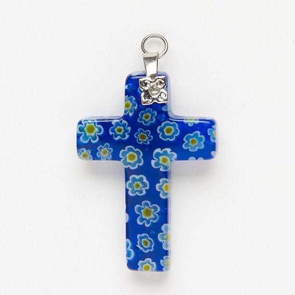 Focal 1pkg1 silver-finished steel and millefiori glass, translucent and transparent multicolored, 30x20mm-32x24mm cross. image number 0