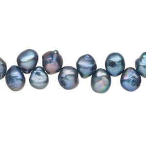 Pearl 1pkg1, cultured freshwater, top-drilled flat-sided herringbone-drilled rice C grade, 15 inch 7x5mm-9x6mm dyed mountain blue