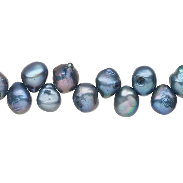 Pearl 1pkg1, cultured freshwater, top-drilled flat-sided herringbone-drilled rice C grade, 15 inch 7x5mm-9x6mm dyed mountain blue image number 0