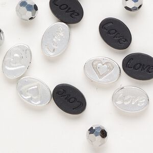 Bead 1pkg19 "pewter" (zinc-based alloy) / stainless steel / glass, 11x8mm oval / 6mm round, assortment matte silver finish / matte black finish / chrome
