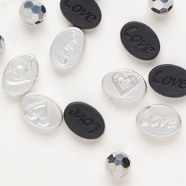 Bead 1pkg19 "pewter" (zinc-based alloy) / stainless steel / glass, 11x8mm oval / 6mm round, assortment matte silver finish / matte black finish / chrome image number 0