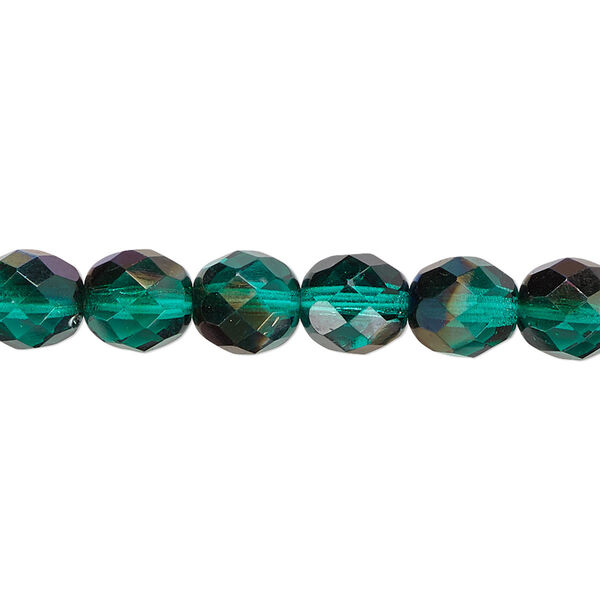 Bead, Czech fire-polished glass, green blue iris, 8mm faceted round. Sold per 15-1/2" to 16" strand. image number 0