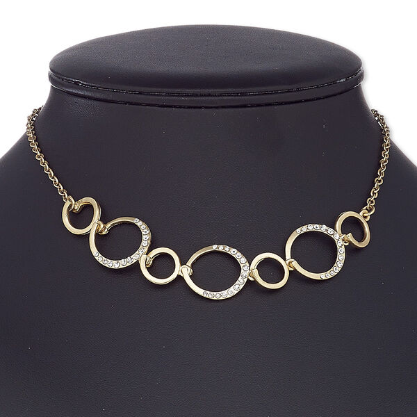 Necklace, glass rhinestone / gold-coated plastic / gold-finished steel / "pewter" (zinc-based alloy), clear, link, 16 inches with 2-1/2 inch extender chain and lobster claw clasp. Sold individually. image number 0