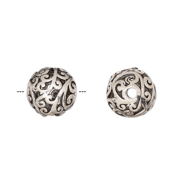 Bead, silver-finished brass, 12mm round with vine cutout. Sold per pkg of 2. image number 0