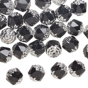 Czech pressed glass 1pkg50, cathedral bead jet / metallic silver 8mm
