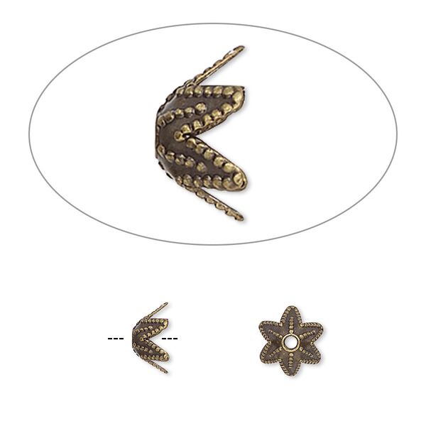 Bead cap, antique gold-plated brass, 7x4mm 6-pointed star, fits 7-9mm bead. Sold per pkg of 500. image number 0