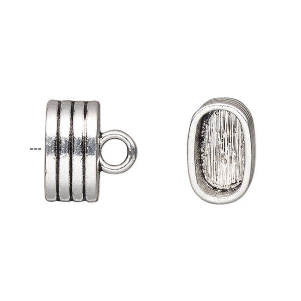 Cord end, glue-in, antique silver-finished "pewter" (zinc-based alloy), 15x9.5x8mm ribbed oval, 12.5x7mm inside diameter. Sold per pkg of 4. image number 0