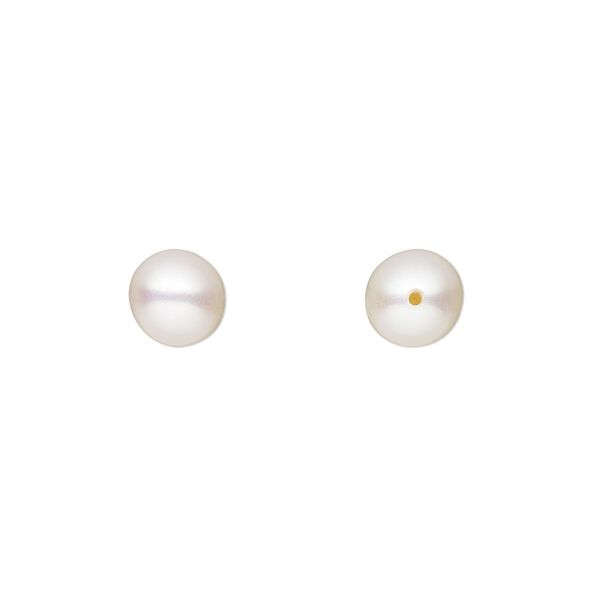 Pearl, cultured saltwater (bleached), white to light mauve or peach, 7-7.5mm half-drilled round, B- grade, Mohs hardness 2-1/2 to 4. Sold per pair. image number 0