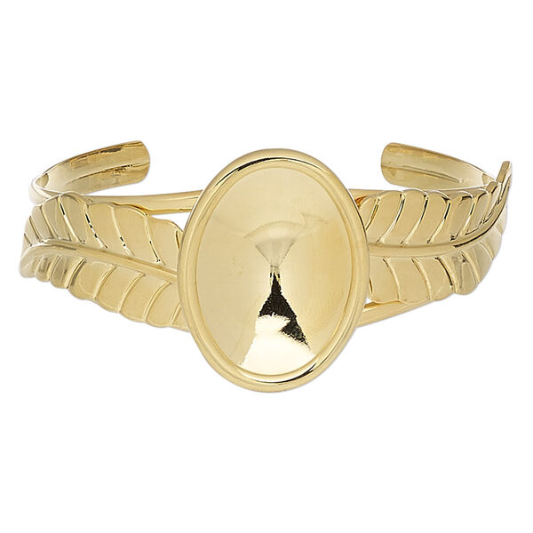 Bracelet, Almost Instant Jewelry®, cuff, gold-plated brass / steel / "pewter" (zinc-based alloy), 35mm wide with 63x35mm feather and 30x22mm oval setting, adjustable. Sold individually. image number 0
