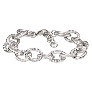 Bracelet, glass rhinestone / imitation rhodium-plated brass / steel / "pewter" (zinc-based alloy), clear, 14mm cable. 6-1/2 inches with 1-1/2 inch extender chain and lobster claw clasp. Sold individually.