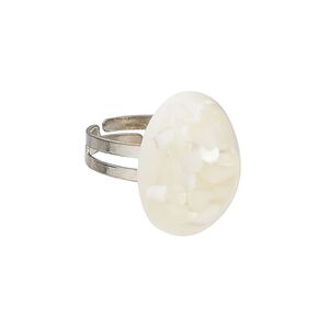 Ring 1pkg1 steel / mother-of-pearl shell, 20x15mm oval, bleached/assembled silver finish / white