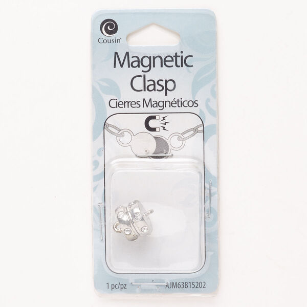 Clasp, magnetic, steel and glass, pkg/1, silver finish and clear, 4mm round. image number 0