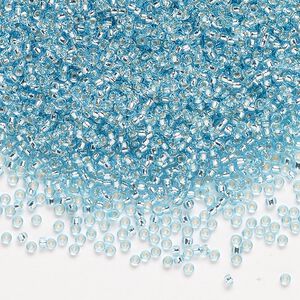 Seed bead, Miyuki, glass, pkg/35g, #15 rocaille, transparent silver-lined aqua (RR-18).
