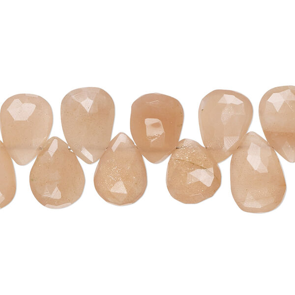 Bead, peach moonstone (natural), light to medium, 11x8mm-13x9mm hand-cut top-drilled faceted puffed teardrop with 0.4-1.4mm hole, B+ grade, Mohs hardness 6 to 6-1/2. Sold per 8-inch strand, approximately 40 beads. image number 0